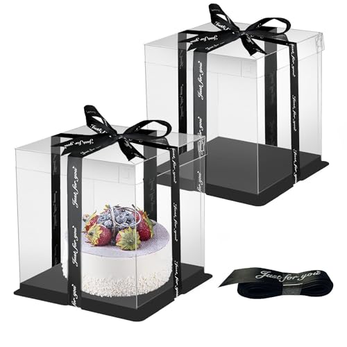 Cake Boxes Tortenbox Durchsichtige Geschenkbox 21 * 21 * 24cm Tortenschachtel Transportbox Torte Geschenkbox Durchsichtig mit Sockel und Band für Geburtstag Dessert 2Stk (Schwarz 6 Zoll) von HYRYC