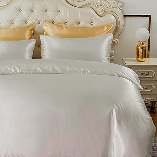 HYSENM Satin Bettwäsche 200 x 200 cm Seide Luxus Bettbezug Set Microfaser Bettbezug+ 2 Kissenhülle 50 x 70 cm einfarbig glatt bequem elegant, Weiß von HYSENM
