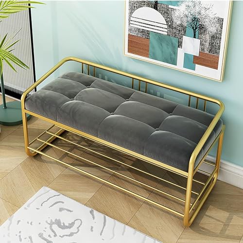 Ottomanhocker moderner luxuriöser goldener Schuhregal-Samt Tufted Button Bench Weiche Schuhbanksitz für Wohnzimmer Schlafzimmer Eingangshalle-Grau 80x35x40 cm (31x14x16inch) (60x35x40 cm (2 YYuan von HYSJDMNC