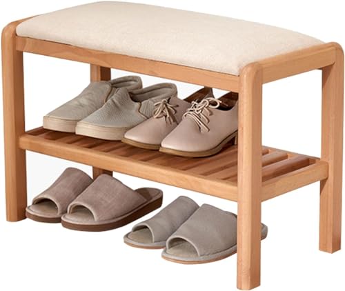 Ottomanhocker moderner multifunktionales Holz zwei Drittel große Kapazitätsschuhbank mit Leinenkissen Schuhregal für Wohnzimmer Schlafzimmer Eingangsflur-Holzfarbe 60x30x42 cm (24x12x17 YYuan von HYSJDMNC