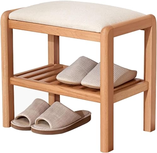 Ottomanhocker moderner multifunktionales Holz zwei Drittel große Kapazitätsschuhbank mit Leinenkissen Schuhregal für Wohnzimmer Schlafzimmer Eingangsflur-Holzfarbe 60x30x42 cm (24x12x17 YYuan von HYSJDMNC
