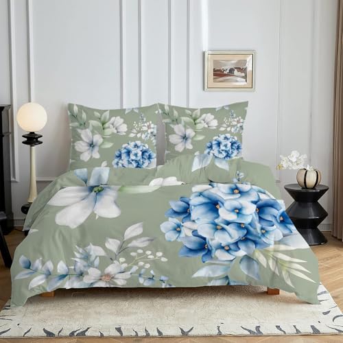 Bettwäsche 200x220 GrüN Bettwäsche Sets 3Teilig Mikrofaser Bettbezug 200 x 220 und 2 Kissenbezug 80x80 cm Kuschelige Bettbezüge Blaue Hortensie mit Reißverschlusc4364 von HYSNKSM