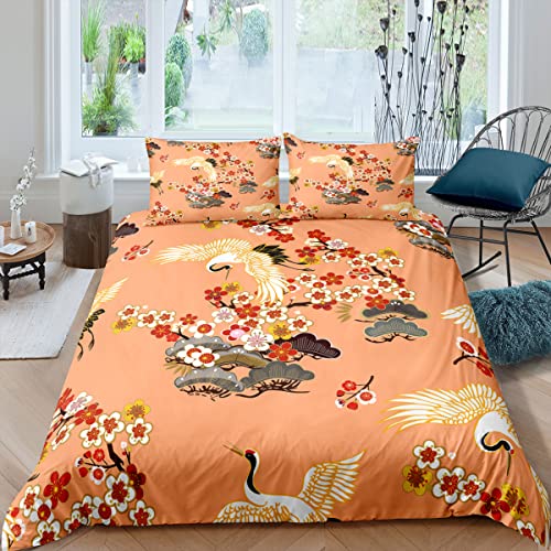 HYSNKSM Bettwäsche 135x200 Gelb Bettwäsche Sets 3Teilig Mikrofaser Bettbezug 135 x 200 und 2 Kissenbezug 80x80 cm Kuschelige Bettbezüge Retro-Blumen Mandschurenkranich mit Reißverschlusc.201 von HYSNKSM