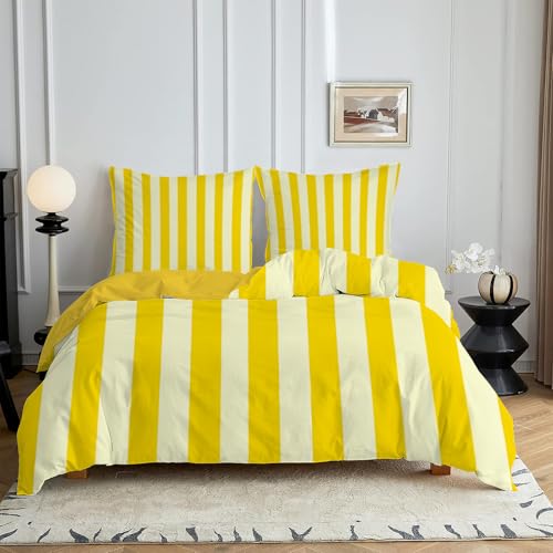 HYSNKSM Bettwäsche 135x200 Gelb Bettwäsche Sets 3Teilig Mikrofaser Bettbezug 135 x 200 und 2 Kissenbezug 80x80 cm Kuschelige Bettbezüge Weiß Gelbe Streifen mit Reißverschlus d47 von HYSNKSM