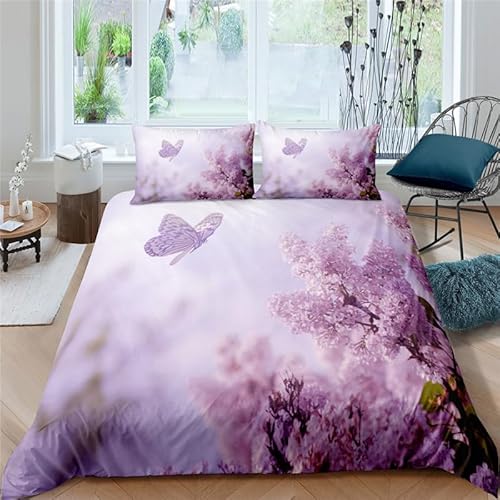 HYSNKSM Bettwäsche 135x200 Lila Bettwäsche Sets 3Teilig Mikrofaser Bettbezug 135 x 200 und 2 Kissenbezug 80x80 cm Kuschelige Bettbezüge Romantische Blumen mit Reißverschlusc.162 von HYSNKSM