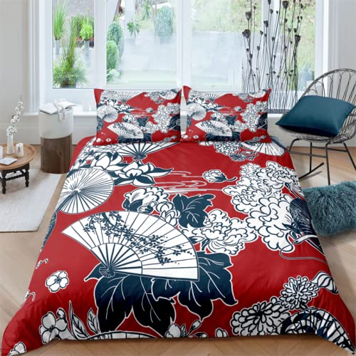 HYSNKSM Bettwäsche 135x200 Rot Bettwäsche Sets 3Teilig Mikrofaser Bettbezug 135 x 200 und 2 Kissenbezug 80x80 cm Kuschelige Bettbezüge Japanischer FäCher, Blumen mit Reißverschlusc.151 von HYSNKSM
