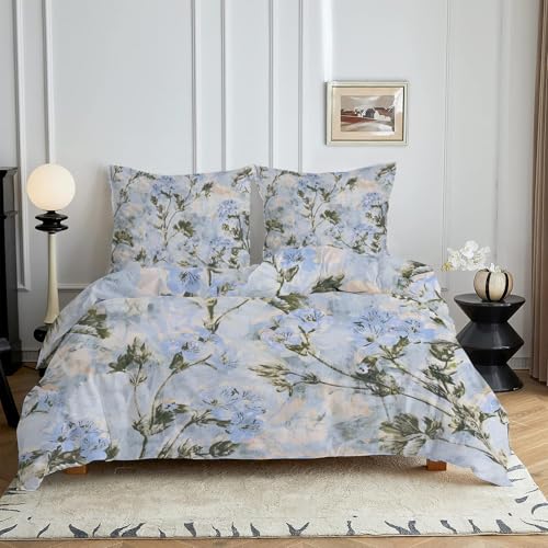 HYSNKSM Bettwäsche 155x220 Blau Bettwäsche Sets 3Teilig Mikrofaser Bettbezug 155 x 220 und 2 Kissenbezug 80x80 cm Kuschelige Bettbezüge Schicke, SchäBige BläTter, Blumen mit Reißverschlusc4384 von HYSNKSM