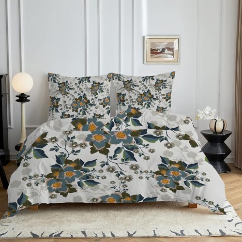 HYSNKSM Bettwäsche 155x220 Blau Bettwäsche Sets 3Teilig Mikrofaser Bettbezug 155 x 220 und 2 Kissenbezug 80x80 cm Kuschelige Bettbezüge Vintage Blumen Pflanzen mit Reißverschlusc4397 von HYSNKSM