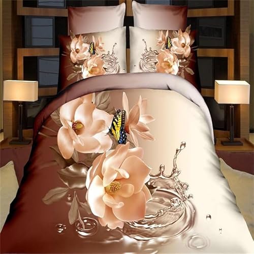 HYSNKSM Bettwäsche 155x220 Braun Bettwäsche Sets 3Teilig Mikrofaser Bettbezug 155 x 220 und 2 Kissenbezug 80x80 cm Kuschelige Bettbezüge Romantische Blumen, Schmetterlinge mit Reißverschlusc.110 von HYSNKSM