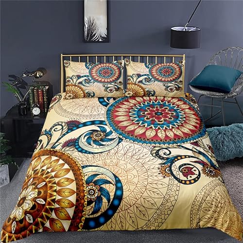 HYSNKSM Bettwäsche 155x220 Gelb Bettwäsche Sets 3Teilig Mikrofaser Bettbezug 155 x 220 und 2 Kissenbezug 80x80 cm Kuschelige Bettbezüge Klassische Blumen, Ethno-Stil mit Reißverschlusc.142 von HYSNKSM