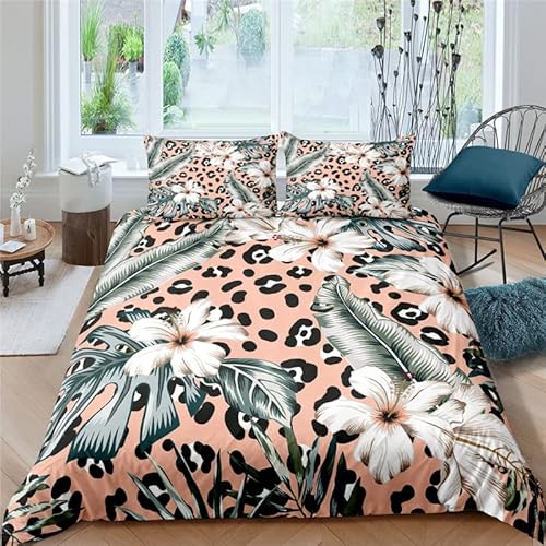 HYSNKSM Bettwäsche 155x220 Grün Bettwäsche Sets 3Teilig Mikrofaser Bettbezug 155 x 220 und 2 Kissenbezug 80x80 cm Kuschelige Bettbezüge Leopardenmuster, Pflanzen mit Reißverschlusc.139 von HYSNKSM