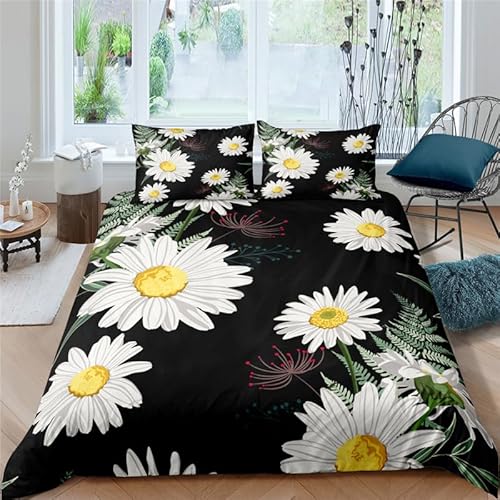 HYSNKSM Bettwäsche 155x220 Weiß Bettwäsche Sets 3Teilig Mikrofaser Bettbezug 155 x 220 und 2 Kissenbezug 80x80 cm Kuschelige Bettbezüge Pflanzen Und Blumen, GäNseblüMchen mit Reißverschlusc.150 von HYSNKSM
