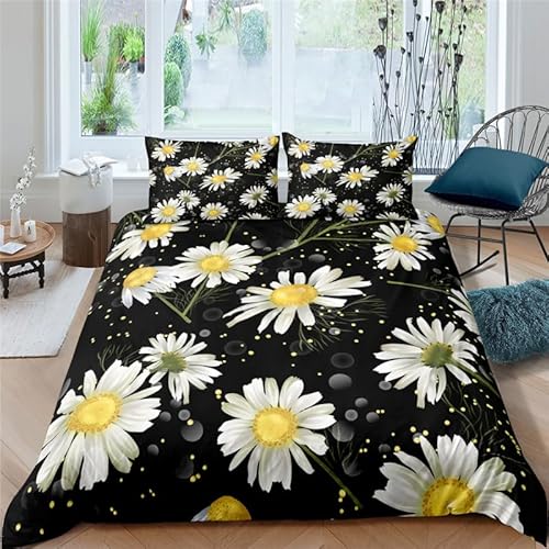 HYSNKSM Bettwäsche 200x200 Schwarz Bettwäsche Sets 3Teilig Mikrofaser Bettbezug 200 x 200 und 2 Kissenbezug 80x80 cm Kuschelige Bettbezüge GäNseblüMchen, Blumen mit Reißverschlusc.122 von HYSNKSM