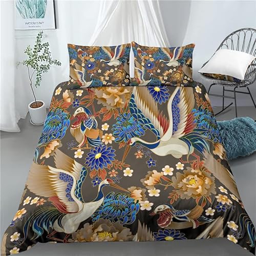 HYSNKSM Bettwäsche 200x220 Grau Bettwäsche Sets 3Teilig Mikrofaser Bettbezug 200 x 220 und 2 Kissenbezug 80x80 cm Kuschelige Bettbezüge Klassische Blumen Mandschurenkranich mit Reißverschlusc.176 von HYSNKSM