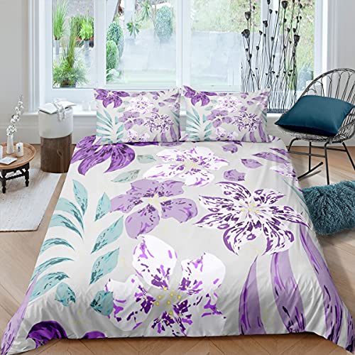 HYSNKSM Bettwäsche 200x220 Lila Bettwäsche Sets 3Teilig Mikrofaser Bettbezug 200 x 220 und 2 Kissenbezug 80x80 cm Kuschelige Bettbezüge Abstrakte Blumen mit Reißverschlusc.141 von HYSNKSM