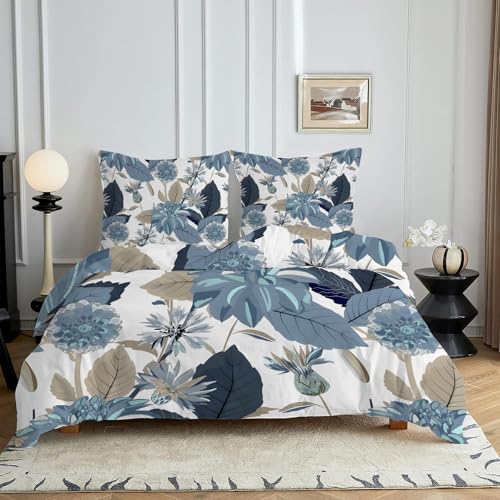 HYSNKSM Bettwäsche 220x240 Blau Bettwäsche Sets 3Teilig Mikrofaser Bettbezug 220 x 240 und 2 Kissenbezug 80x80 cm Kuschelige Bettbezüge Blumenmuster mit Reißverschlusc4359 von HYSNKSM