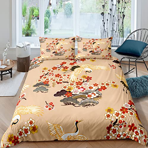 HYSNKSM Bettwäsche 220x240 Gelb Bettwäsche Sets 3Teilig Mikrofaser Bettbezug 220 x 240 und 2 Kissenbezug 80x80 cm Kuschelige Bettbezüge Mandschurenkraniche, Blumen mit Reißverschlusc.109 von HYSNKSM