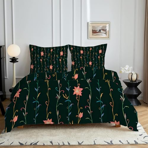 HYSNKSM Bettwäsche 220x240 Schwarz Bettwäsche Sets 3Teilig Mikrofaser Bettbezug 220 x 240 und 2 Kissenbezug 80x80 cm Kuschelige Bettbezüge Blumenmuster mit Reißverschlusc4392 von HYSNKSM