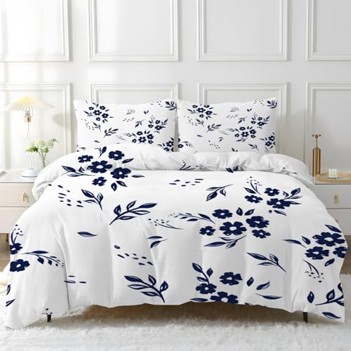 HYSNKSM Bettwäsche 220x240 Weiß Bettwäsche Sets 3Teilig Mikrofaser Bettbezug 220 x 240 und 2 Kissenbezug 80x80 cm Kuschelige Bettbezüge Blumen mit Reißverschlus von HYSNKSM