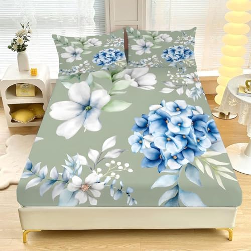 Spannbettlaken-Set für Super-Kingsize-Bett weich, Gemütlich,GrüN Blaue Hortensie 3-teiliges Mikrofaser-Bettwäsche-Set, 180 x 200 cm,30 cm Tasche Inklusive 2 Kissenbezügen 50 x 75 cm L964 Spannbettlaken-Set für Super-Kingsize-Bett weich, Gemütlich,GrüN Blaue Hortensie 3-teiliges Mikrofaser-Bettwäsche-Set, 180 x 200 cm,30 cm Tasche Inklusive 2 Kissenbezügen 50 x 75 cm L964 von HYSNKSM