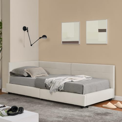 Einzelbett 90 * 200 cm, hautfreundliches Samtdesign, Kinderbett mit hoher Rückenlehne, Beige (ohne Matratze) von HYSZ