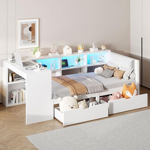 HYSZ 90x200cm weißes Holzplattformbett mit Schubladenplatz, USB-Ladestation mit farbigen LED-Leuchten, moderner Einzelbetthalter von HYSZ