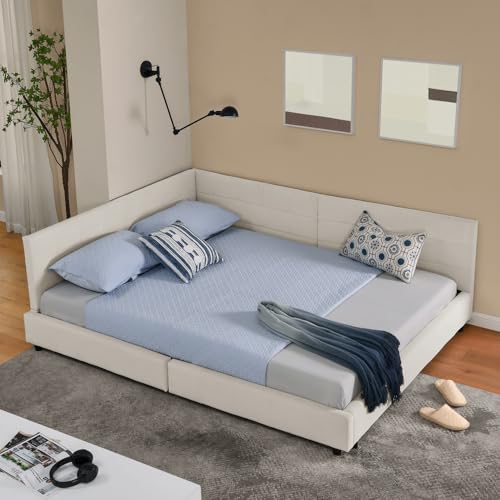HYSZ Doppelbett,mit Polsterung, weiches hautfreundliches Samt, L-förmiges Eckbettgestell, robuste Eukalyptus- und Eisenlatten, einfach zu montieren(ohne Matratze) (Beige, 160cm*200cm) von HYSZ