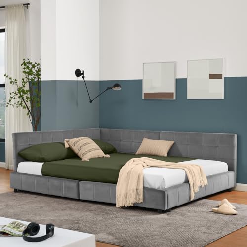 HYSZ Doppelbett,mit Polsterung, weiches hautfreundliches Samt, L-förmiges Eckbettgestell, robuste Eukalyptus- und Eisenlatten, einfach zu montieren(ohne Matratze) (Dark Gray, 140cm*200cm) von HYSZ