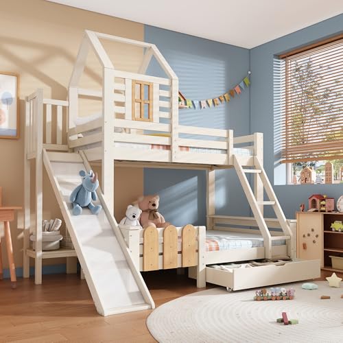 HYSZ Etagenbett Bett 90x200 & 140x200 cm, Hausbett mit Schublade Rutsche und Leiter, Kinderbett Hochbett mit Lattenrost, Blockhaus-Design, EN747-1:2024 Sicherheit(Ohne Matratze) von HYSZ