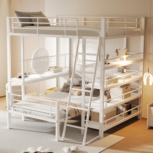 HYSZ Etagenbett Metallrahmen Hochbett 140 * 200, Multifunktionsbett mit Mehreren Ablagefächern, Weiß von HYSZ