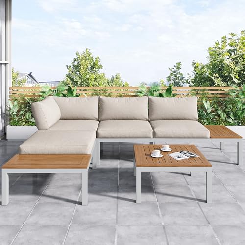 HYSZ Garten-Loungesessel-Set,Gartenmöbel,Gestell aus verzinktem Stahl, (2X Zweisitzer, 2X Beistelltische, 1x Tisch), Akazienholzplatte, Stoffbezug zur Bespannung der Rückenlehne, beige von HYSZ
