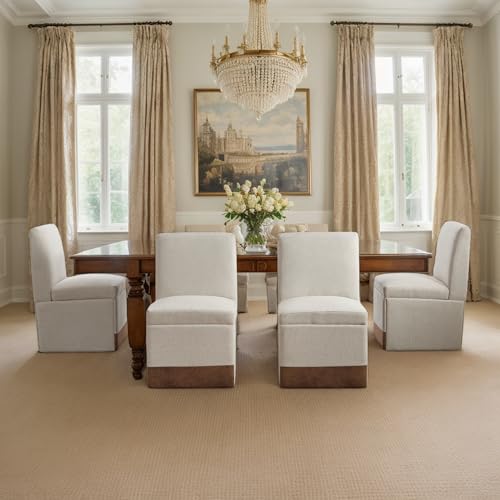 HYSZ Gepolsterte Esszimmerstühle 2er Set Drehbare Esszimmerstühle Küchenstühle Rollen & Lagerung Bequemer Moderner Rollsessel Weiß für Wohnzimmer Armloser Stuhl aus Stoff (Beige Leinen) von HYSZ