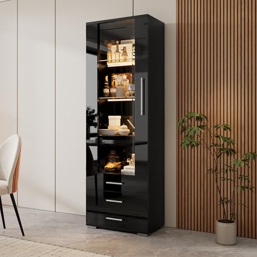 HYSZ Hochglanzender schwarzer Display-Schrank mit LED-Beleuchtung – Glasvitrine mit 3 Schubladen, Vertikale Vitrine，60 x 35 x 180 cm von HYSZ