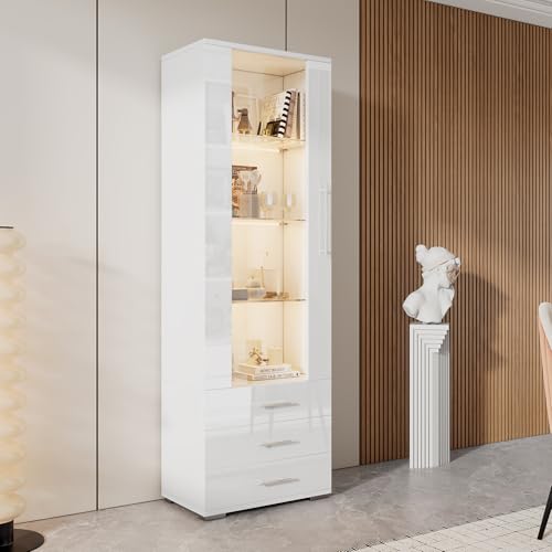HYSZ Hochglanzender weißer Display-Schrank mit LED-Beleuchtung – Glasvitrine mit 3 Schubladen, Vertikale Vitrine, 60 x 35 x 180 cm von HYSZ