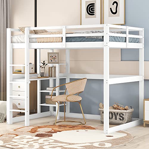 HYSZ Kinderbett Hochbett Bettgestell mit Stauraum, komplett aus Kiefer, mit 4 Ablagefächern und Einer Schreibtischplatte, weiß, 140 X 200 cm von HYSZ