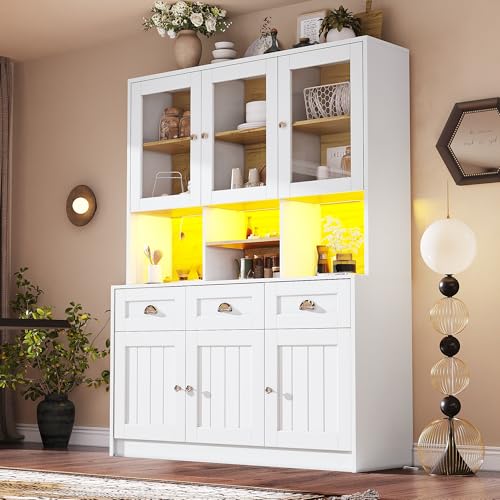 HYSZ Küchenschrank,Hochschrank Küchenbuffet, Vitrinenschrank, Buffetschrank mit Verstellbaren Ablagen, Sideboard mit LED-Beleuchtung,Variable Lichtfarben (White) von HYSZ