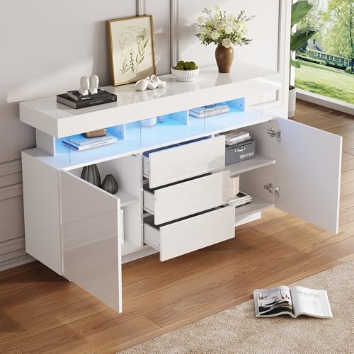 HYSZ Moderne Sideboard 140 x 35 x 80 cm – Hochglänzender weißer Buffet-Schrank Acryl-Sideboard mit 16-farbigem LED-Lichtstreifen,Coffee Bar-Aufbewahrungseinheit für von HYSZ