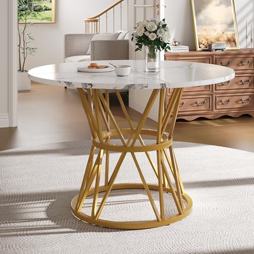 HYSZ Moderner runder Esstisch - 100 × 100 × 76 cm Esszimmer Tisch für 4 Personen, Marmor-Effekt MDF Top mit Gold Metall Basis, zeitgenössischer Tisch für Wohnzimmer oder Küche HYSZ Moderner runder Esstisch - 100 × 100 × 76 cm Esszimmer Tisch für 4 Personen, Marmor-Effekt MDF Top mit Gold Metall Basis, zeitgenössischer Tisch für Wohnzimmer oder Küche von HYSZ