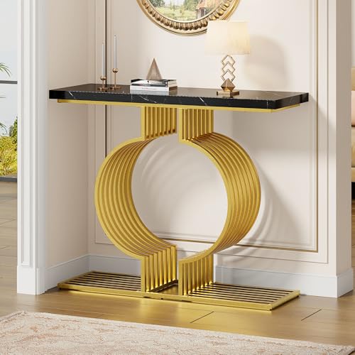 HYSZ Moderner schwarzer hochglänzender Konsolentisch – 100 x 30 x 80 cm Kaffeetisch mit Goldener Metallbasis, Zwei Einbaumöglichkeiten, Eingangstisch für Wohnzimmer oder Flur von HYSZ
