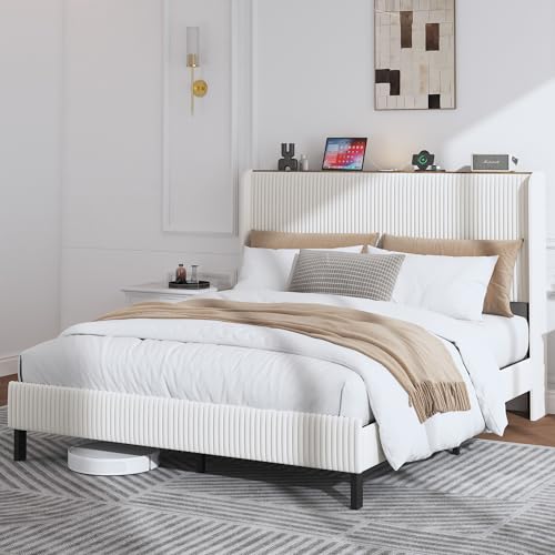 HYSZ Polsterbett,Stoffbett mit Flügelkopfteil, Metallrahmen mit Lattenrost, modernes Plattformbett ohne Boxspring (Beige+Cream, 160 * 200cm) von HYSZ