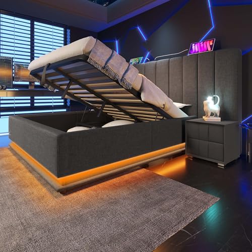 HYSZ Polsterbett 160×200, Doppelbett Stauraumbett mit App Control LED und USB-C Ladefunktion, Bettgestell mit Lattenrost, Leinen, Grau, Ohne Matratze und Nachttisch von HYSZ