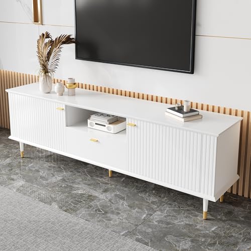 HYSZ TV-Schrank mit offenen Fächern und Schubladen, lackierte Strukturoberfläche, Soft-Close-Scharniere (White) von HYSZ