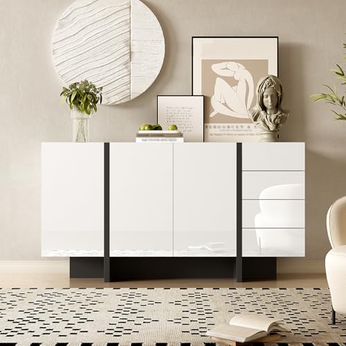 HYSZ Weißer Hochglanz-Sideboard, moderner und Schlichter Anrichte mit 2 Türen und 4 Schubladen, leicht zu reinigen, ideal für Wohnzimmer oder Esszimmer von HYSZ