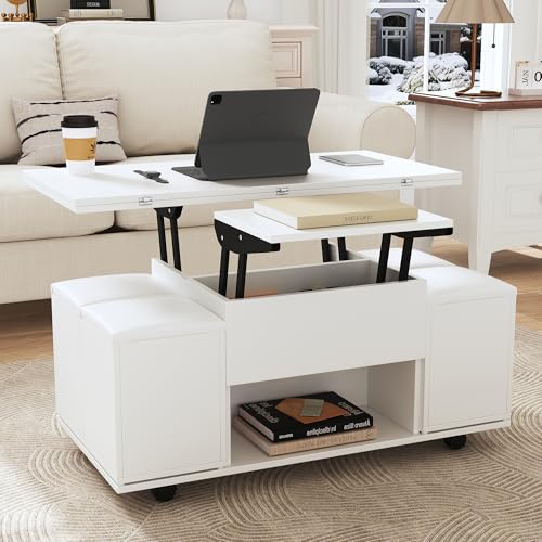 multifunktionaler Couchtisch – der Desktop kann 2 Tische öffnen,weiß + weiß, große Speicherkapazität, Moderne Wohnzimmer & Büromöbel, vielseitiger ESS- oder Freizeittisch von HYSZ