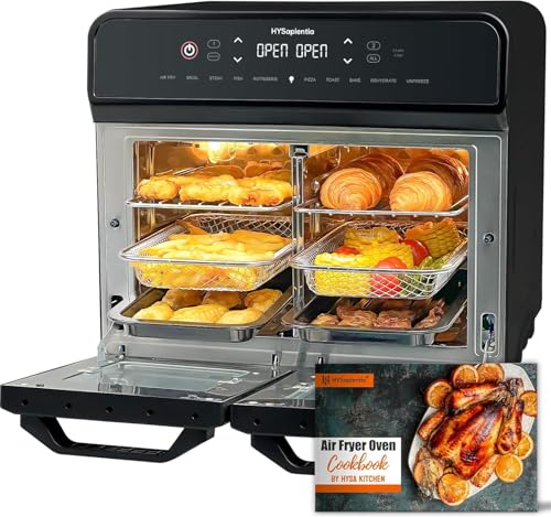 HYSapientia 22L heißluftfritteuse 2 kammern XXL Minibackofen mit Umluft,LED-Touchscreen,10 Programmen, Heissluftfritteuse Dual Zone airfryer Oven,Zwei Kochmodi mit Teilerplatte,Edelstahl,Rotisserie von HYSapientia