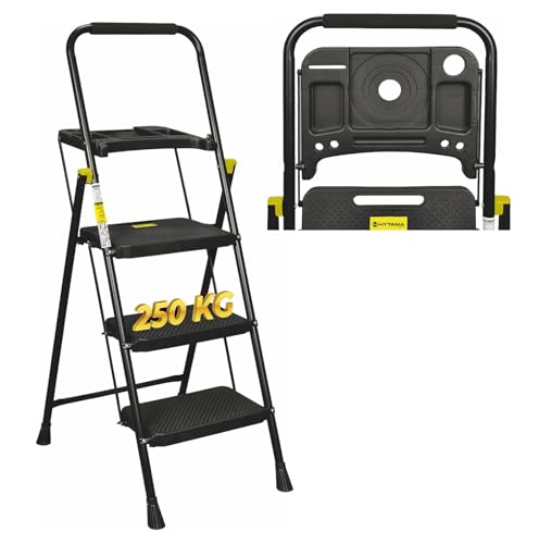 HYTAMA Leiter Klapphocker "Black Max Plus" mit Werkzeugwanne, platzsparend, mit rutschfesten Stufen und weichem Gummigriff für Sicherheit, Tragkraft max. 150 kg (3 Stufen) von HYTAMA TOOLS