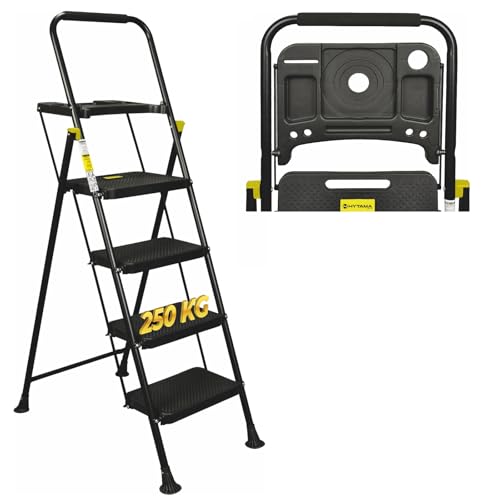 HYTAMA Leiter Klapphocker "Black Max Plus" mit Werkzeugwanne, platzsparend, mit rutschfesten Stufen und weichem Gummigriff für Sicherheit, Tragkraft max. 150 kg (4 Stufen) von HYTAMA TOOLS