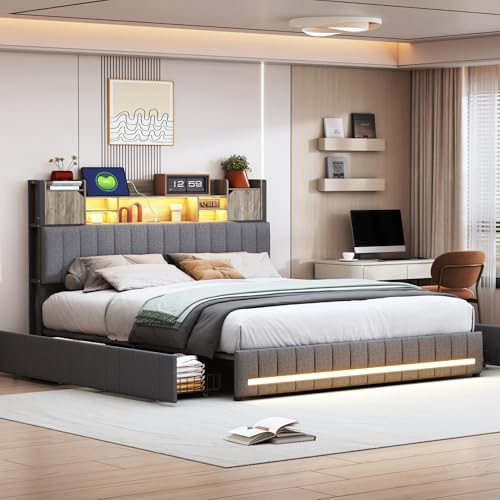 HYTKKBD Doppelbett 140 x 190 cm, gepolstertes Bett mit LED und USB, Bettgestell mit 4 Schubladen, Kopfteil zur Aufbewahrung, Lattenrost, ohne Matratze, Leinen grau von HYTKKBD