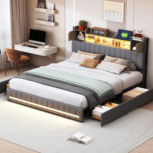 HYTKKBD Gepolstertes Bett, 140 x 200 cm, Doppelbett mit LED und USB, Bettgestell mit 4 Schubladen, Kopfteil zur Aufbewahrung, Lattenrost, ohne Matratze, Leinen Grau von HYTKKBD
