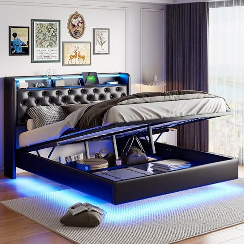 HYTKKBD Gepolstertes Bett, 160 x 200 cm, Bettkasten mit LED und USB-Aufladung, Doppelbettgestell, schwimmendes Design, Lattenrost aus Holz, PU-Kunststoff, Schwarz HYTKKBD Gepolstertes Bett, 160 x 200 cm, Bettkasten mit LED und USB-Aufladung, Doppelbettgestell, schwimmendes Design, Lattenrost aus Holz, PU-Kunststoff, Schwarz von HYTKKBD